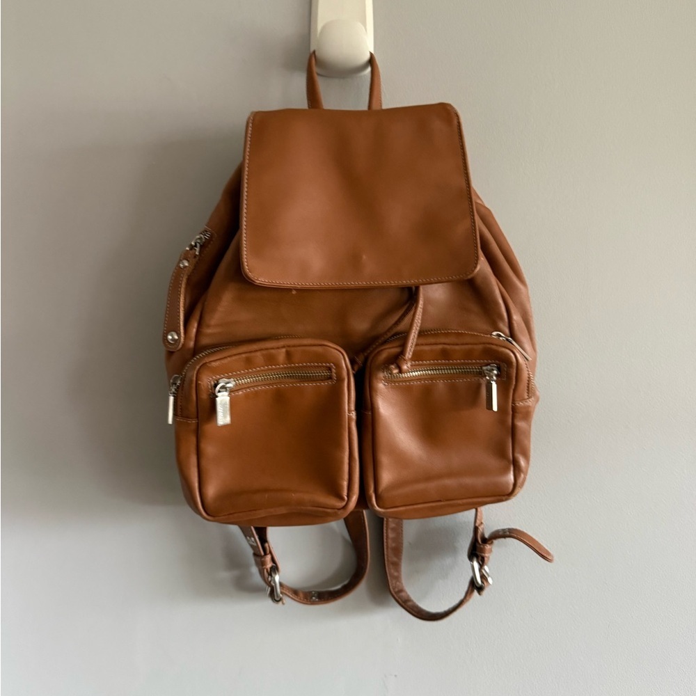 Perlina Cognac Brown Leather Backpack Drawstring  Bag Vintage Made in Korea